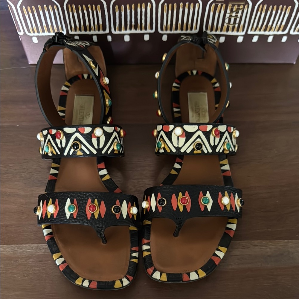 Valentino Black Multicolor Beaded Sandals